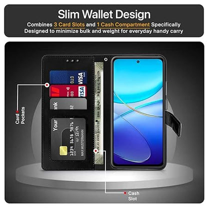 Vivo Y200e 5G | Vivo T3 5G (Flexible | Leather Finish | Card Pockets Wallet & Stand | Black)