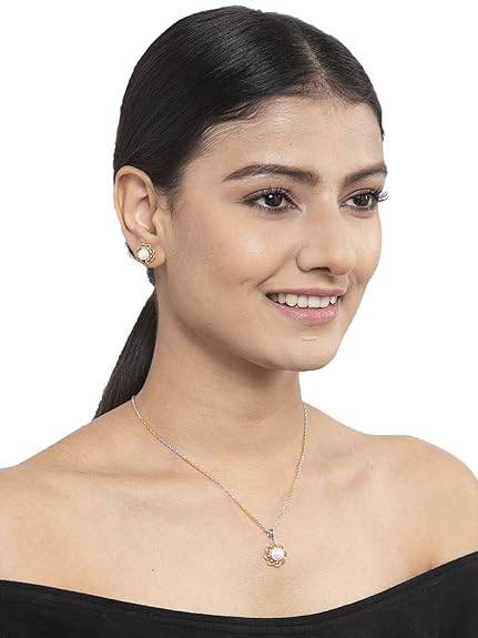 925 Sterling Silver Pearl Lotus Pendant Earring Chain Jewellery Set | Gold Rhodium Plated | Gift for Women & Girls - Rajputtrade