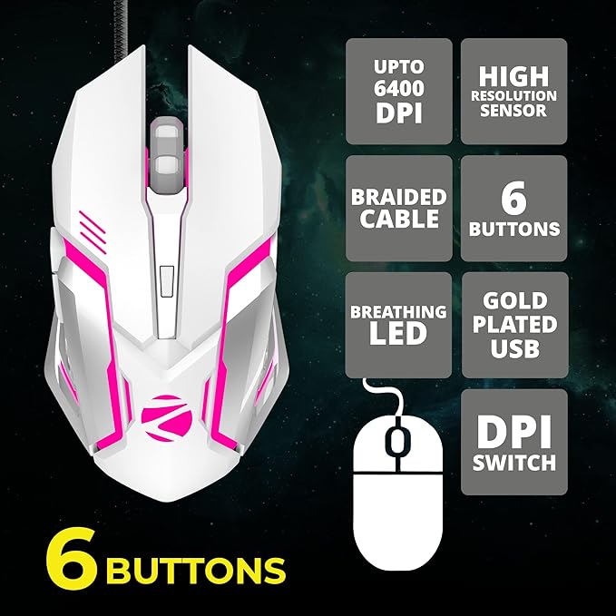 Zebronics Transformer Gaming Keyboard and Mouse Combo,Braided Cable,Durable Al body,Multimedia keys and Gaming Mouse with 6 Buttons, Multi-Color LED Lights, High-Resolution Sensor with 3200 DPI(white) - Rajputtrade