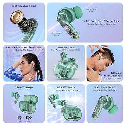 boAt Airdopes 191 ANC, 32dB ANC, Ambient Mode, 60HRS Battery, 4Mics ENx, in-Ear Detection, IWP Tech, Fast Charge, v5.3 Bluetooth Earbuds, TWS Ear Buds Wireless Earphones with mic (Pellucid Green) - Rajputtrade
