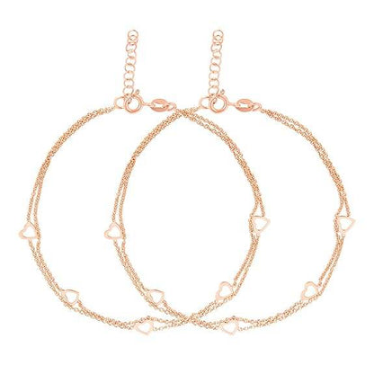 925 Sterling Silver Layered Rose Gold Plating Hearts Anklets (Pair) | Gift for Women & Girls | - Rajputtrade