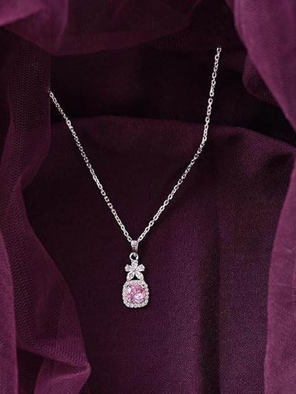 925 Sterling Silver Nera Pink Cushion Solitaire Pendant Earrings Chain Necklace Jewellery Set | Platinum Plated, Swiss Zirconia |Gift for Women and Girls - Rajputtrade