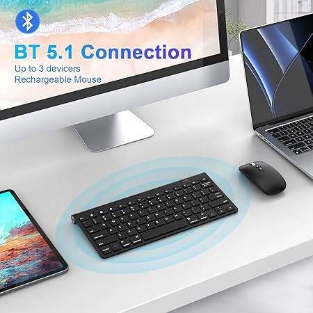 Cimetech Bluetooth Mini Keyboard and Mouse, Slim Portable Ergonomic Wireless Keyboard and Rechargeable Mouse Compatible with iPad, Tablet, Laptop, PC - Black - Rajputtrade