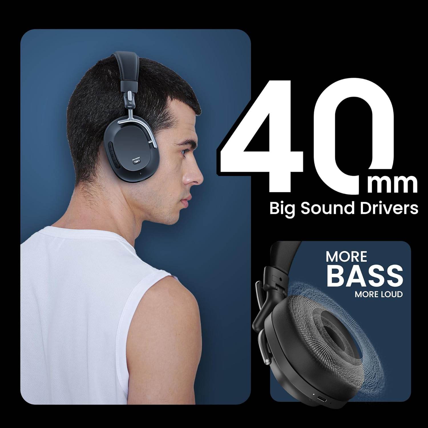 HAMMER Bash Pro 33 dB Hybrid ANC Over Ear Wireless Headphones, 4 Mics for Clear Calling, Charge 10mins = 300mins playtime (Black) - Rajputtrade