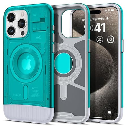 Spigen Classic C1 MagFit Back Cover Case Compatible with iPhone 15 Pro Max (TPU + Poly Carbonate | Bondi Blue)