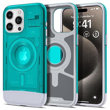 Spigen Classic C1 MagFit Back Cover Case Compatible with iPhone 15 Pro Max (TPU + Poly Carbonate | Bondi Blue)