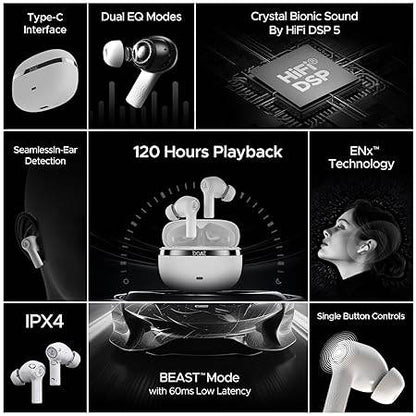 Boat Nirvana Ion, 120HRS Battery, Crystal Bionic Sound w/Dual EQ Modes, 4Mics ENx, App Support, Low Latency, IPX4, v.5.2 Bluetooth Earbuds, TWS Ear Buds Wireless Earphones with mic (Ivory White) - Rajputtrade