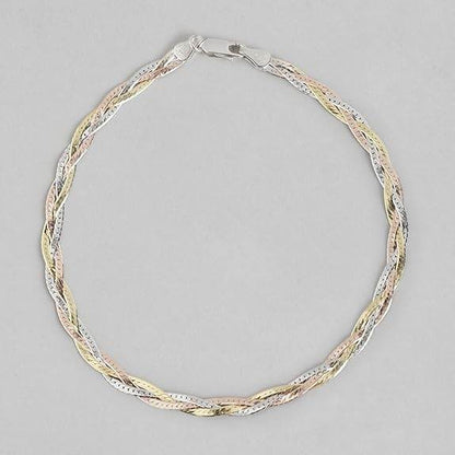 925 Sterling Silver Braided Triple Tone Multicolour Rhodium, Gold and Rose Gold Plated Chain Anklet (Single) | Gift for Women and Girls | - Rajputtrade