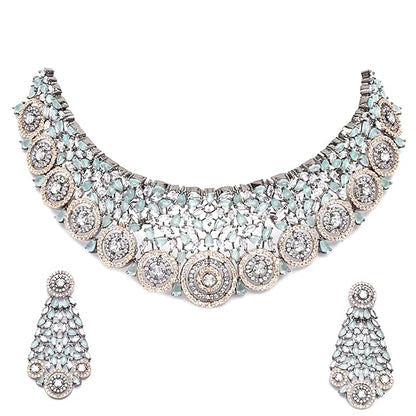 Rhodium-Plated Silver American Diamond Choker Necklace with Earrings Jewellery Set with Girls and Women - Rajputtrade