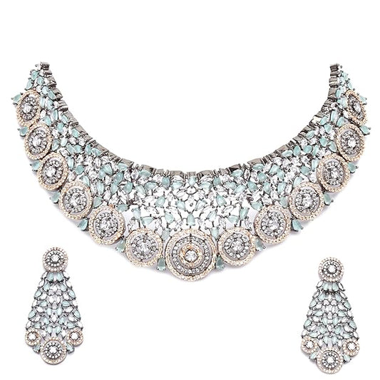 Rhodium-Plated Silver American Diamond Choker Necklace with Earrings Jewellery Set with Girls and Women - Rajputtrade