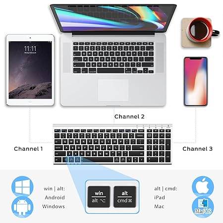BK10 Multi-Device Bluetooth Keyboard – Windows, Mac, Chrome OS, Android, iPad, iPhone, Apple TV Compatible –Rechargeable Wireless Keyboard Easy-Switch up to 3 Devices – Silver Black - Rajputtrade