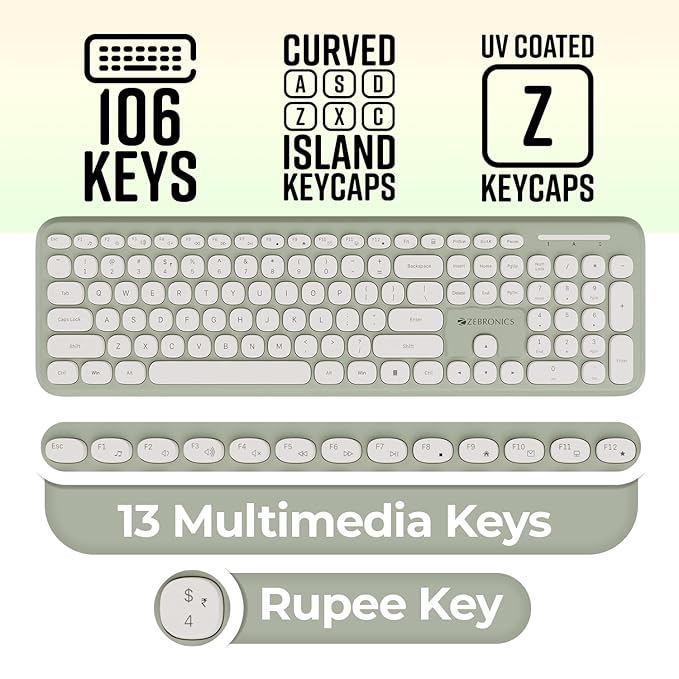 ZEBRONICS Companion 302 2.4GHZ Wireless Keyboard & Mouse Combo with UV Printed Keys,13 Multimedia Keys,800/1400/1600 DPI,High Precision,Advanced Optical Sensor Technology(Green)