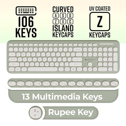 ZEBRONICS Companion 302 2.4GHZ Wireless Keyboard & Mouse Combo with UV Printed Keys,13 Multimedia Keys,800/1400/1600 DPI,High Precision,Advanced Optical Sensor Technology(Green)
