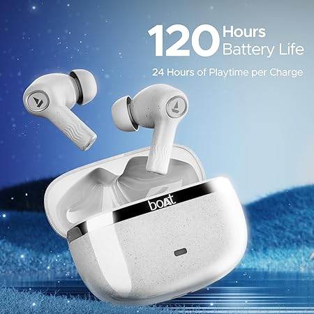 boAt Nirvana Iris Truly Wireless in Ear Ear Buds w/Up to 32 dB Active Noise Cancellation,120 Hrs Playback,Crystal Bionic Sound Powered by HiFi,Beast Mode,ENx Tech,Hearables App(Quartz White) - Rajputtrade