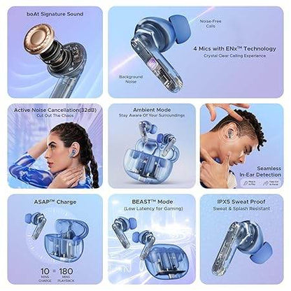boAt Airdopes 191 ANC, 32dB ANC, Ambient Mode, 60HRS Battery, 4Mics ENx, in-Ear Detection, IWP Tech, Fast Charge, v5.3 Bluetooth Earbuds, TWS Ear Buds Wireless Earphones with mic (Pellucid Blue) - Rajputtrade