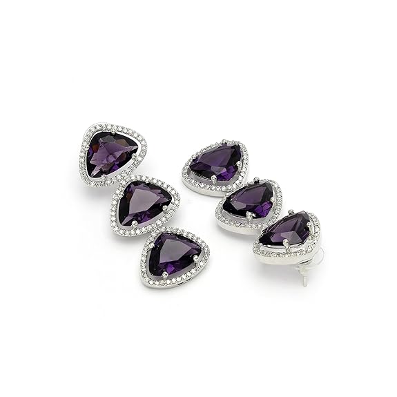 Silver Toned Triangular Shaped American Diamond Studded Jewellery Set For Women and Girl (Purple) - Rajputtrade