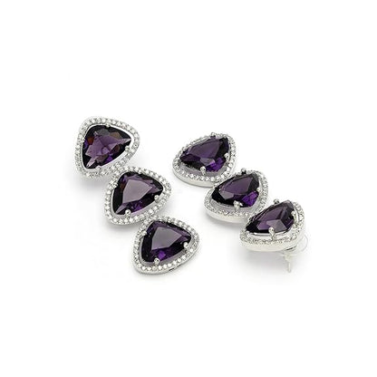 Silver Toned Triangular Shaped American Diamond Studded Jewellery Set For Women and Girl (Purple) - Rajputtrade