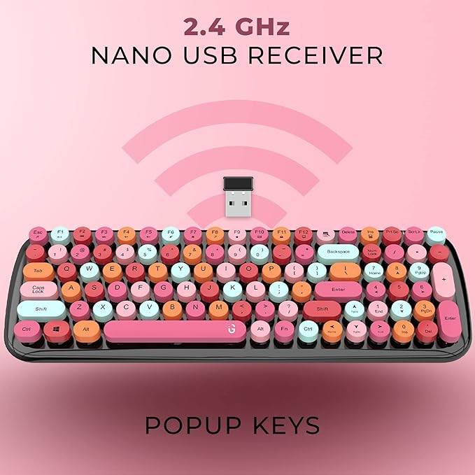 i GEAR KeyBee Retro Typewriter Inspired 2.4GHz Wireless Keyboard and Mouse Combo with USB Support, Single Nano Receiver, Round Keycaps, Cleaning Brush (Black Pink) - Rajputtrade
