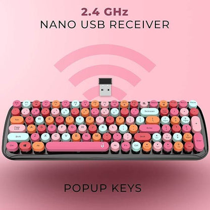 i GEAR KeyBee Retro Typewriter Inspired 2.4GHz Wireless Keyboard and Mouse Combo with USB Support, Single Nano Receiver, Round Keycaps, Cleaning Brush (Black Pink) - Rajputtrade