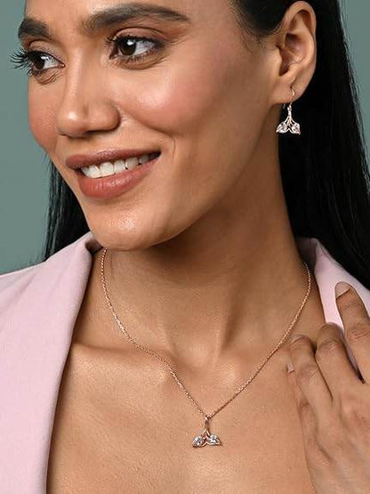 925 Sterling Silver Whale Tail Pendant Earrings Chain Necklace Jewellery Set | Rose Gold Plated, Swiss Zirconia |Gift for Women and Girls - Rajputtrade