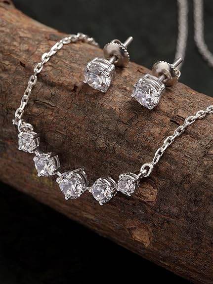 925 Sterling Silver 5 Stone Pendant Earring Chain Jewellery Set | Platinum Plated, Swiss Zirconia | Gift for Women & Girls - Rajputtrade