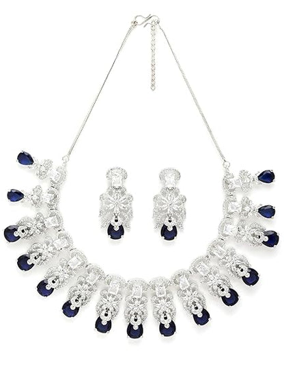 American Diamond Studed Choker Necklace Set (Blue) - Rajputtrade
