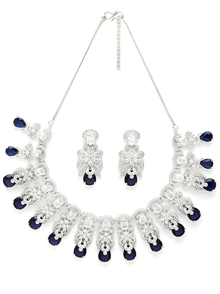 American Diamond Studed Choker Necklace Set (Blue) - Rajputtrade