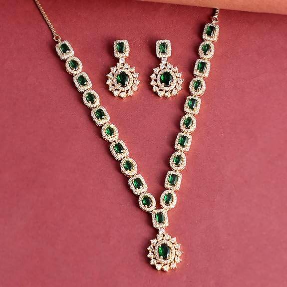 Elegance Cluster Setting Round and Oval Cut CZ Brass Gold Plated Jewellery Set (Green) - Rajputtrade