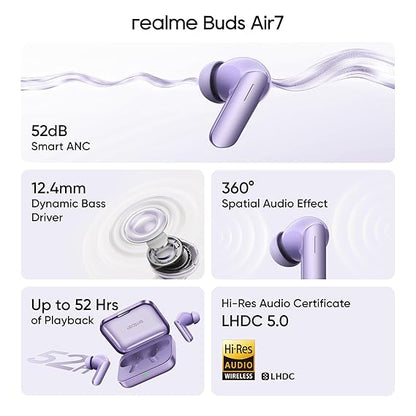 Realme Buds Air 7, 12.4mm Dynamic Bass Drivers,52Hrs Playtime, 52dB Hybrid ANC,6 Mic ENC, 45ms Low Latency, 360° Spatial Audio, Hi-Res LHDC, IP55 Dust & Water Resistant, BT v5.4 (Lavender Purple)