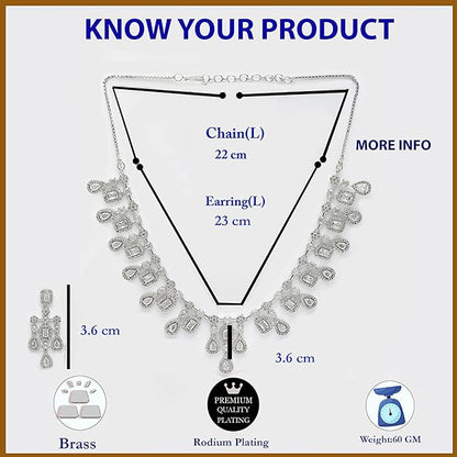 Rhodium-Plated Silver Toned Square Shaped American Diamond Studded Necklace with Earring Jewellery Set for Girls and Women - Rajputtrade