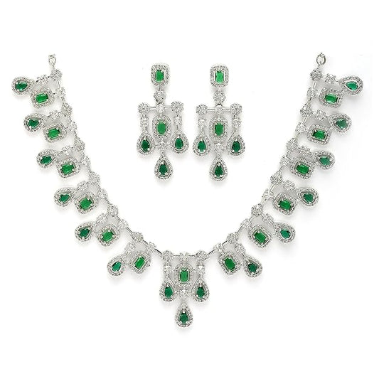 Rhodium-Plated Silver American Diamond Choker Necklace with Earrings Jewellery Set with Girls and Women - Rajputtrade