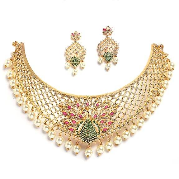 Gold Plated White & Red American Diamond Studded With Drop Pearl Beaded Jewellery Set For Women & Girl - Rajputtrade