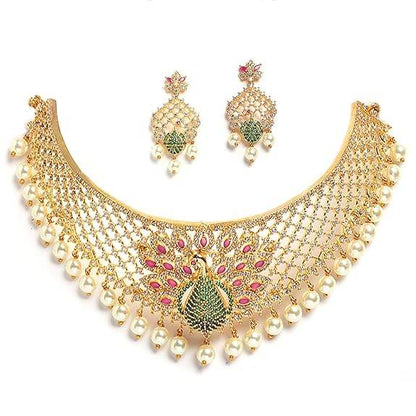 Gold Plated White & Red American Diamond Studded With Drop Pearl Beaded Jewellery Set For Women & Girl - Rajputtrade