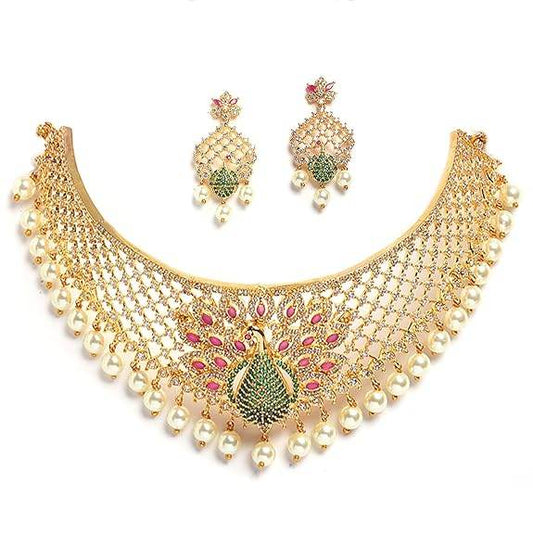 Gold Plated White & Red American Diamond Studded With Drop Pearl Beaded Jewellery Set For Women & Girl - Rajputtrade