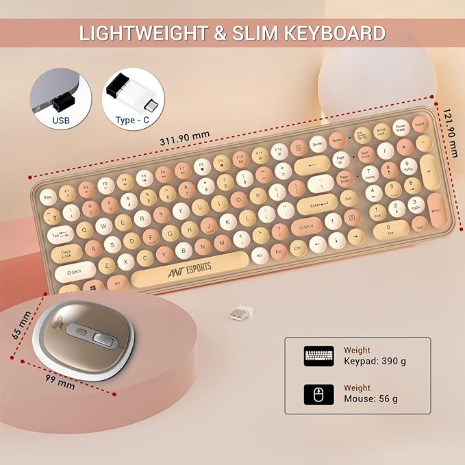 Ant Esports WKM44 Keyboard and Mouse Combo, Colourful Wireless Keyboard with Round Keycaps,2.4GHz Dropout-Free Connection, Long Battery Life, Cute Wireless Mouse for PC/Laptop/Computer- Candy Brown - Rajputtrade