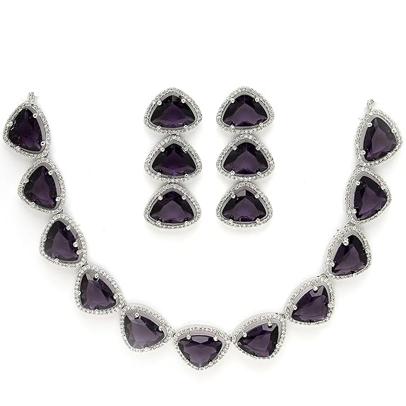 Silver Toned Triangular Shaped American Diamond Studded Jewellery Set For Women and Girl (Purple) - Rajputtrade