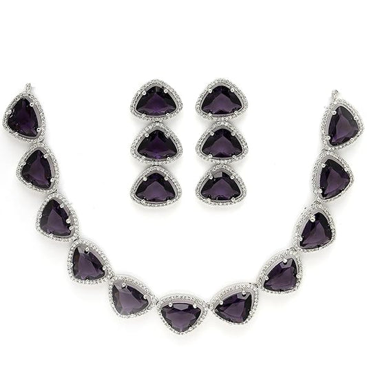 Silver Toned Triangular Shaped American Diamond Studded Jewellery Set For Women and Girl (Purple) - Rajputtrade