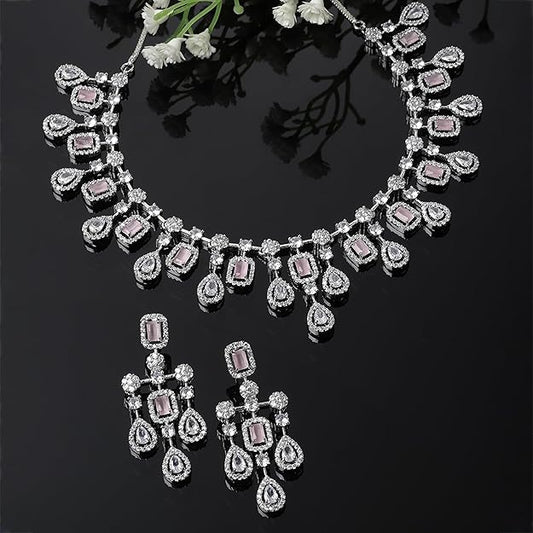 Rhodium-Plated Silver Toned Square Shaped American Diamond Studded Necklace with Earring Jewellery Set for Girls and Women - Rajputtrade