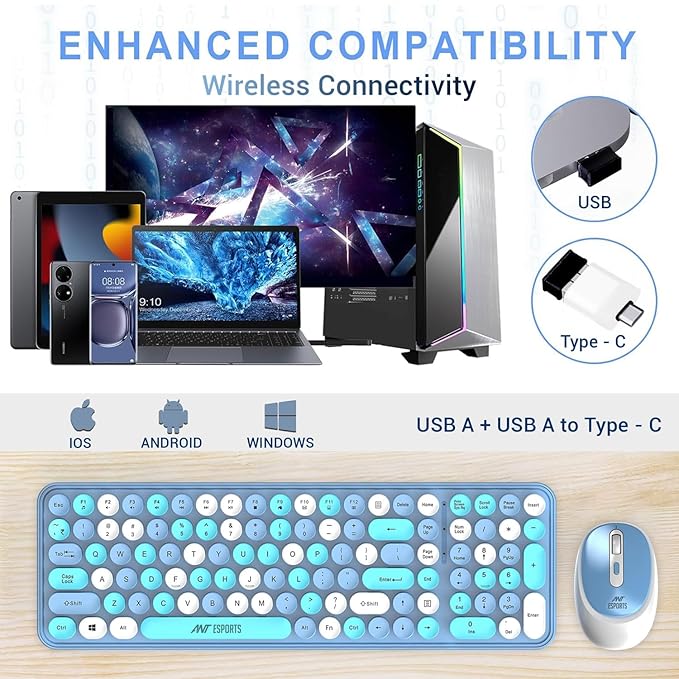 Ant Esports WKM44 Keyboard and Mouse Combo, Sea Blue Colourful Wireless Keyboard with Round Keycaps,2.4GHz Dropout-Free Connection, Long Battery Life, Cute Wireless Mouse for PC/Laptop/Computer -Blue - Rajputtrade