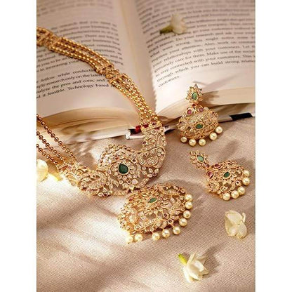 Gold Tone Temple Necklace Set with Green, Pink & White Stones by For Women - Rajputtrade
