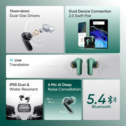 Realme Buds Air 7 Pro with Ai Live Translation,11mm+6mm Dual-dac Driver,48 Hrs Playtime,53 dB ANC,LHDC,45Ms Low Latency,360° Spatial Audio,IP55 Dust & Water Resistant,BT 5.4 (Racing Green)
