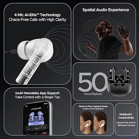 boAt Airdopes 300, Cinematic Spatial Audio, 50H Battery, 4Mic AI ENx, Fast Charge, App Support, Low Latency, IPX4, v5.3 Bluetooth Earbuds, TWS in Ear Earbuds Wireless Earphones with mic (Purple Haze) - Rajputtrade