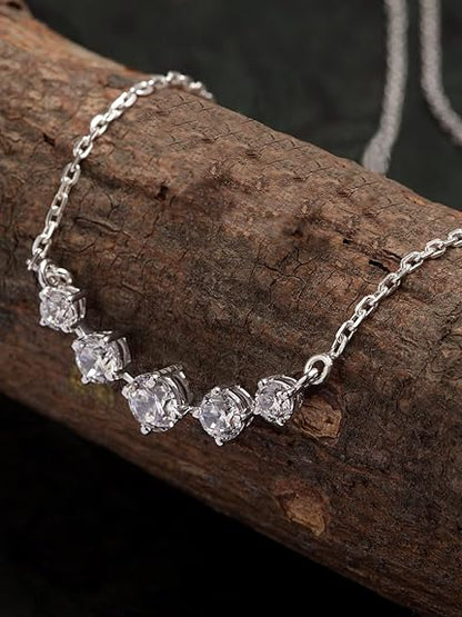 925 Sterling Silver 5 Stone Pendant Chain Jewellery Set | Platinum Plated, Swiss Zirconia | Gift for Women & Girls