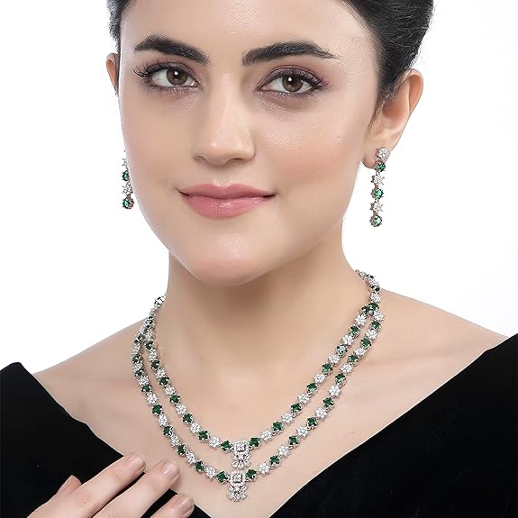 Necklace With Earrings Jewellery Set For Girls and Women (Green) - Rajputtrade