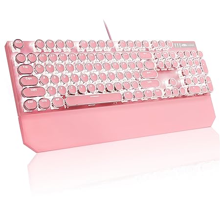 MageGee Typewriter Mechanical Gaming Keyboard, Retro Punk Round Keycap LED White Backlit USB Wired Keyboards for Game and Office, for Windows Laptop PC Mac - Blue Switches/Pink - Rajputtrade