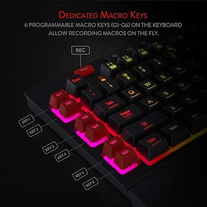Redragon Shiva K512 RGB Backlit Membrane Wired Gaming Keyboard with Multimedia Keys, 6 Extra On-Board Macro Keys, Dedicated Media Control, Detachable Wrist Rest- Black - Rajputtrade