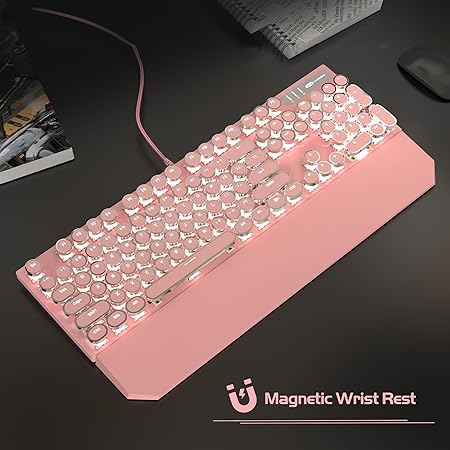MageGee Typewriter Mechanical Gaming Keyboard, Retro Punk Round Keycap LED White Backlit USB Wired Keyboards for Game and Office, for Windows Laptop PC Mac - Blue Switches/Pink - Rajputtrade