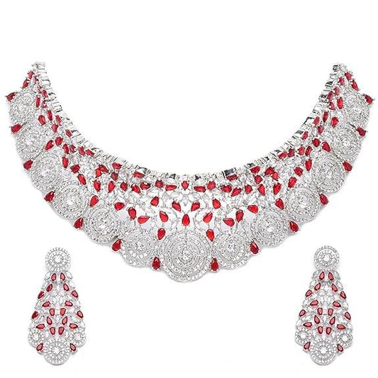 Choker Necklace with Earrings Jewellery Set with Girls and Women (Red) - Rajputtrade