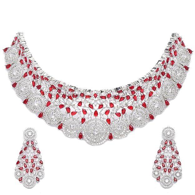 Rhodium-Plated Silver American Diamond Choker Necklace with Earrings Jewellery Set with Girls and Women - Rajputtrade
