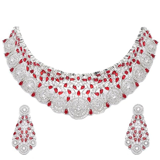Rhodium-Plated Silver American Diamond Choker Necklace with Earrings Jewellery Set with Girls and Women - Rajputtrade